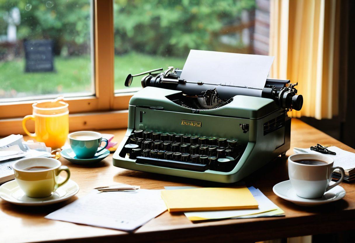 A cozy workspace with a vintage typewriter, open journal filled with handwritten notes, and colorful sticky notes scattered around. A glowing laptop displays an interactive blogging platform while a steaming cup of coffee sits nearby. Soft sunlight filters through a window, creating an inviting atmosphere that inspires creativity. watercolor illustration. vibrant colors. warm and inviting.