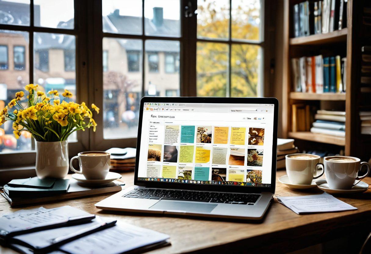A visually striking open laptop displaying an interactive blog interface, surrounded by sticky notes filled with creative ideas. In the background, a cozy workspace with a bright window letting in sunlight, and shelves stacked with books about writing and blogging. A steaming cup of coffee sits to the side, inviting creativity. The overall atmosphere should exude inspiration and productivity. super-realistic. vibrant colors. cozy atmosphere.